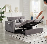 STBIGSLEP 3 in 1 Convertible Sleeper Sofa Bed, Small Couch for Living Room Bedroom with Pullout Bed Adjustable Backrest,Velvet,Loveseat Sofa Bed,Futon Couches (Grey) STBIGSLEP