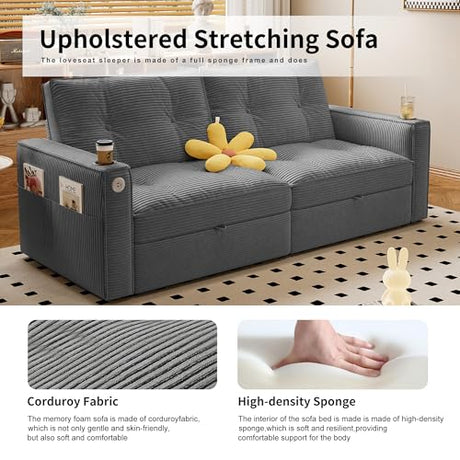 Tabaray 73.2'' Futon Sofa Bed Full, Convertible Pull Out Couch with Adjustable Backrest, Pre-Assembled Corduroy Sleeper Sofa, 2 Cup Holders & Pockets, USB, Loveseat for Living Room, Apartment, Grey Tabaray