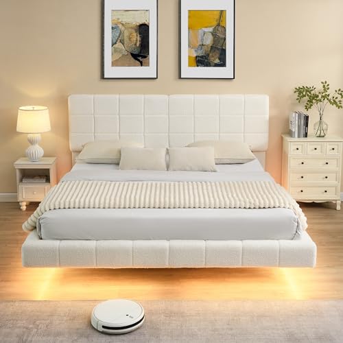 Merax King Size White Boucle Upholstered Platform Bed with Tall Headboard, Modern Floating Bed Frame with LED Lights for Bedroom, Solid Wood Slats Support, No Box Spring Needed, Easy Assembly Merax