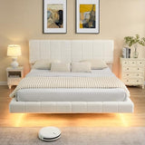 Merax King Size White Boucle Upholstered Platform Bed with Tall Headboard, Modern Floating Bed Frame with LED Lights for Bedroom, Solid Wood Slats Support, No Box Spring Needed, Easy Assembly Merax