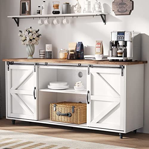 4ever2buy Farmhouse Coffee Bar Cabinet with Storage, 58'' Buffet Cabinet with Sliding Barn Door, White Coffee Bar Table with Wood Gourd Feet, Buffet Table for Living Dining Room