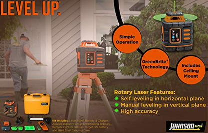 Johnson Level & Tool 40-6543 Self-Leveling Rotary Laser with GreenBrite Technology, 13.58", Green, 1 Kit - WoodArtSupply