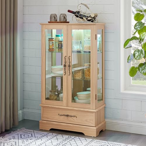 VeroFree Lighted Glass Curio Display Cabinet with Adjustable Shelves – 2 Doors, 1 Drawer, Led Lights, Elegant Light Oak Finish for & Office Decor (1 Drawers + 2 Doors + 1 Shelves) VeroFree
