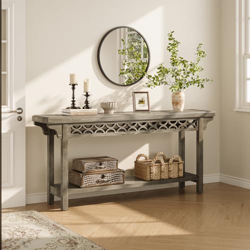 LITTLE TREE 70.87-Inch Long Console, Solid Wood Farmhouse Narrow Entryway Table with Shelf, Rustic Sofa Table for Living Room, Hallway, Grey LITTLE TREE