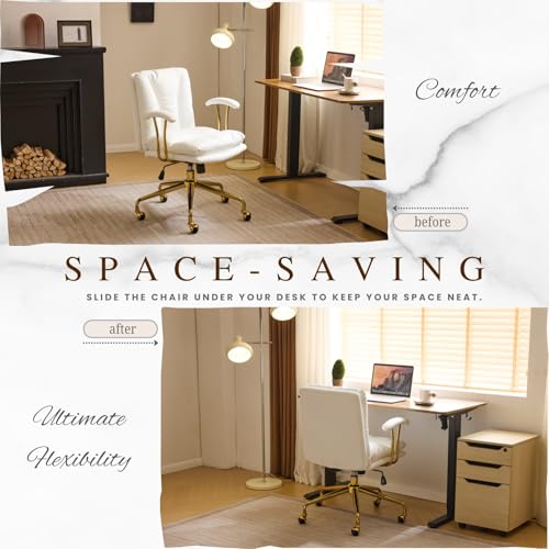 VINGLI Home Office Desk Chair Comfy with Wheels & Removable Armrests,Gold Base Vanity Chair with Back, Adjustable Rolling Swivel Computer Task Chair for Study,Makeup,Office,Bedroom,PU Leather,White VINGLI