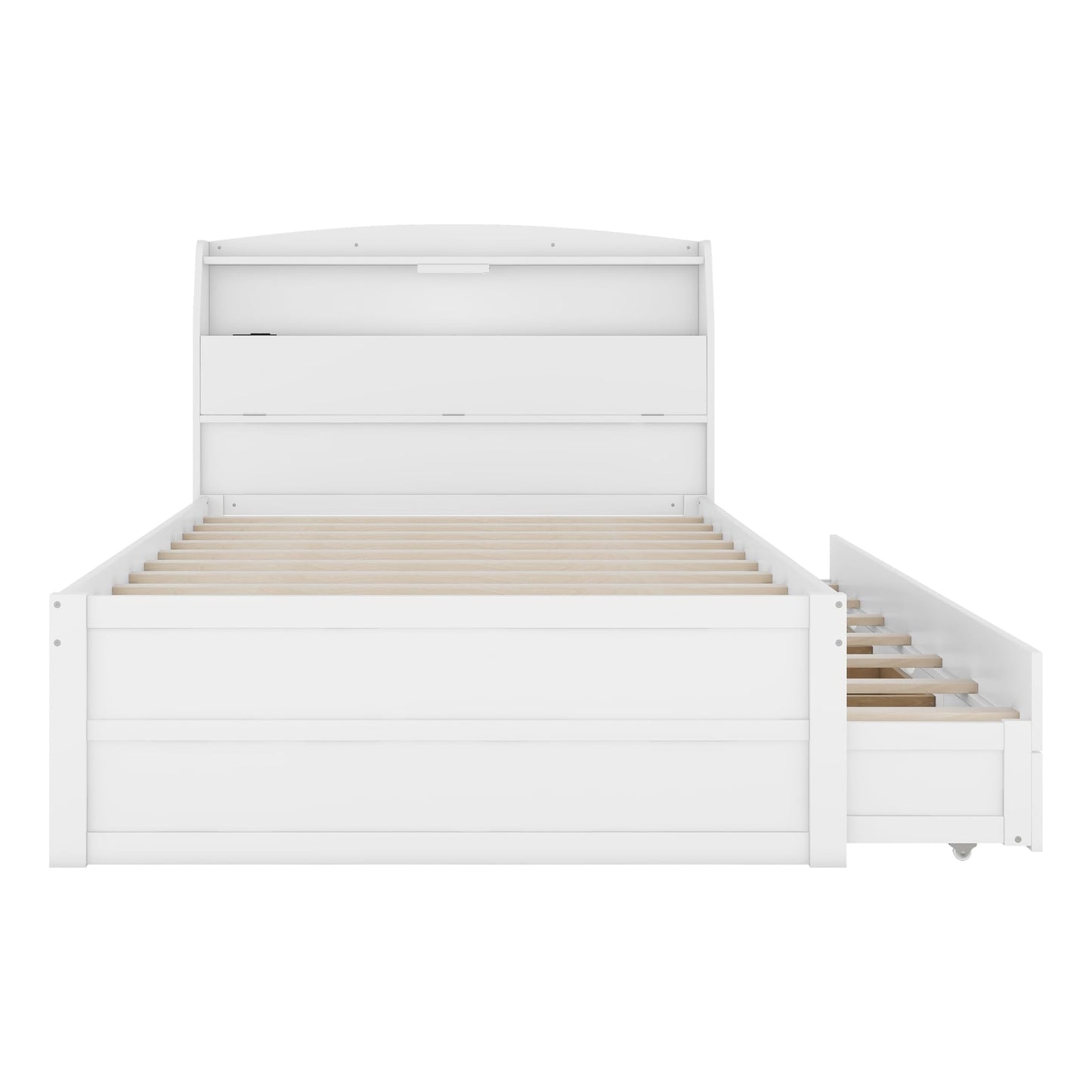 MERITLINE LED Platform Bed with Trundle, Drawers, and Bookcase Headboard - White Full Size Frame with USB Ports - WoodArtSupply