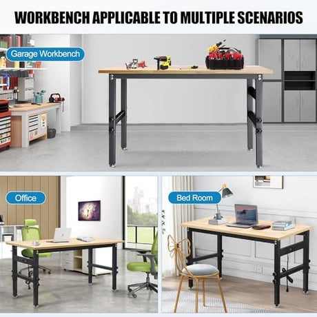 48" Workbench Desk with Power Outlets, Adjustable Height Rubber Wood Top Heavy-Duty Work Table, 2000 LBS Load Capacity Work Station for Garage, Workshop, Office, Home QYDS US