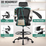 Drafting Chair, Tall Office Chair with 3D Lumbar & Head Support, Ergonomic Mesh Standing Desk Chair with Footring, Comfy Extended High Desk Chair with Flip-Up Arms & Hanger,Black AtHope