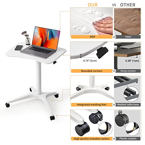 HAOOAH 47" Mobile Standing Desk(26" W*19.3" D), Adjustable Height Laptop Desk, Pneumatic Desk with Gas Spring Riser, Podium for Home, Office，Classroom，Medical, (29" to 46.9" H) (White) HAOOAH