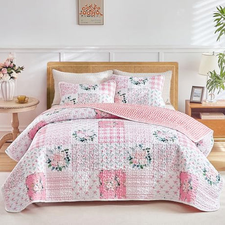 Joyreap 2 Pieces Floral Patchwork Quilt Set Twin, Pink n White Flowers Design, Soft n Cozy Microfiber Quilt, Bedspread Bed Cover for All Season, 1 Quilt and 1 Pillow Sham- 68x86 inches Joyreap