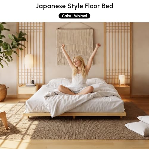 homary Japanese Style Bed Frame, 5.9" Low Profile Tatami Platform Bed Frame with Carbon Steel Slats & Wood-Finished Metal Floor Frame, No Box Spring Needed, Fits King Mattress homary