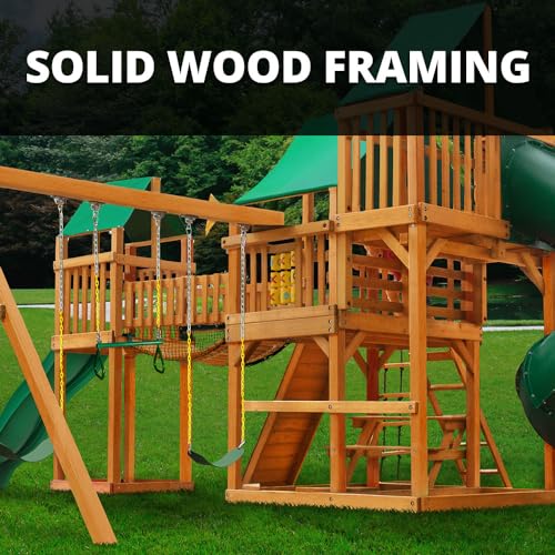 Gorilla Playsets 01-1021-AP-1 Treasure Trove I Wood Swing Set with Green Vinyl Canopy, 2 Slides, and Clatter Bridge Gorilla Playsets