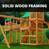 Gorilla Playsets 01-1021-AP-1 Treasure Trove I Wood Swing Set with Green Vinyl Canopy, 2 Slides, and Clatter Bridge Gorilla Playsets