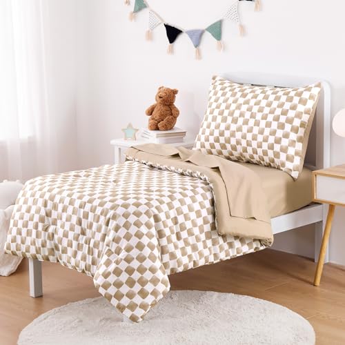 Wake In Cloud - Toddler Bedding Set for Boys Girls, Cute Gingham Grid Checkered, 4 Pieces Soft Crib Bed Set Including Comforter, Sheets and Pillowcase, Brown White Wake In Cloud