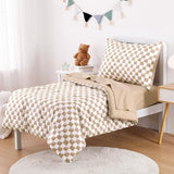 Wake In Cloud - Toddler Bedding Set for Boys Girls, Cute Gingham Grid Checkered, 4 Pieces Soft Crib Bed Set Including Comforter, Sheets and Pillowcase, Brown White Wake In Cloud