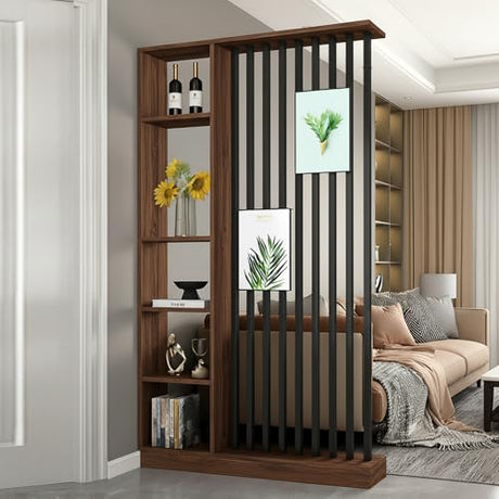 Floor to Ceiling Room Divider with Shelves – Freestanding Partition Screen, Industrial Style Room Divider Furniture for Bedroom, Office (Walnut, 47" L x 9.5" W x 79.5" H) GRGECXZ
