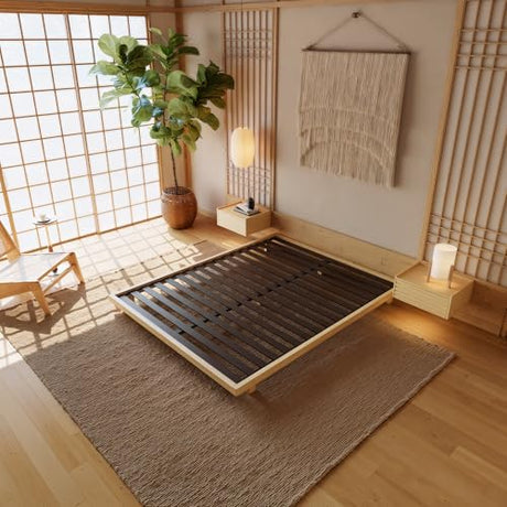 homary Japanese Style Bed Frame, 6.3" Low Profile Tatami Platform Bed Frame with Carbon Steel Slats & Wood-Finished Metal Floor Frame, No Box Spring Needed, Fits Queen Mattress homary