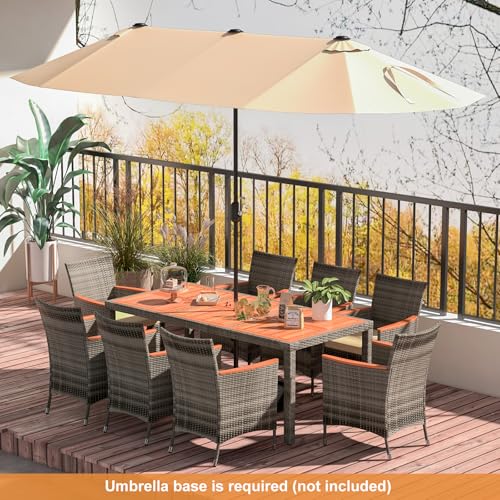 HAPPYGRILL 9 Pieces Outdoor Dining Set, Acacia Wood and Rattan Furniture Set with 1 Large Rectangular Table and 8 Chairs with Cushions, Patio Wicker Dining Table and Chairs Set