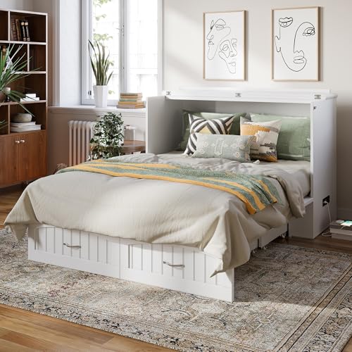 AFI, Southampton Murphy Bed Chest Full with 6" Mattress, Built-in USB Charger & Storage Drawer, White AFI