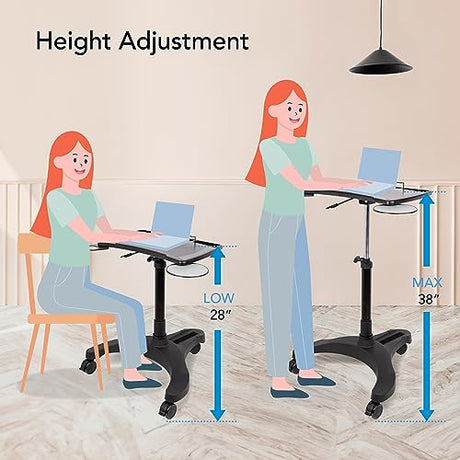 EHO Mobile Laptop Standing Desk Carts on Wheels with Stationery Storage, Pneumatic, Height Adjustable Rolling Stand, Sit to Stand Computer Cart, Workstation for Home, Office, Medical and School EHO