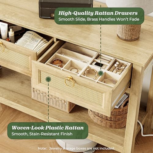 SUPERJARE Rattan Console Sofa Table with Outlets and USB-C Port, 3 Drawer Entryway Table with Synthetic Rattan Surface, Open Shelf, Behind Couch Entry Foyer Hallway Storage, Natural SUPERJARE