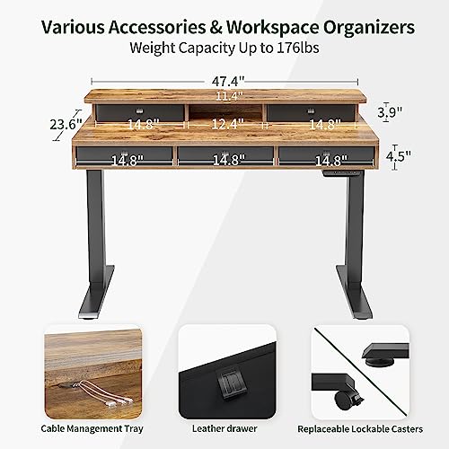 FEZIBO Height Adjustable Electric Standing Desk with 5 Drawers, 48 x 24 Inch Table with Storage Shelf, Sit Stand Desk Black Frame/Rustic Brown Top, 48 inch - WoodArtSupply