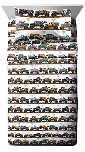 Jay franco Monster Jam Tracks 4 Piece Twin Bed Set - Includes Comforter & Sheet Set - Bedding Features Grave Digger & Megalodon - Super Soft Fade Resistant Microfiber (Official Monster Jam Product) Jay Franco