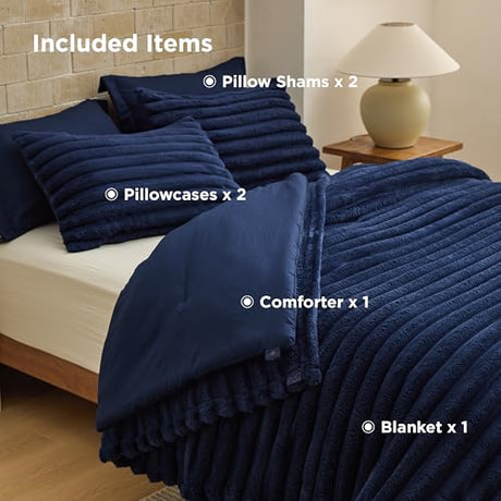 Bedsure Gentlesoft™ 2-in-1 King Size Comforter Set and Detachable Fluffy Blanket, Navy Blue Bedding Set for All Season Use, SnapTech™ Design for Space Saving (Includes 2 Pillow Shams, 2 Pillowcases) Bedsure