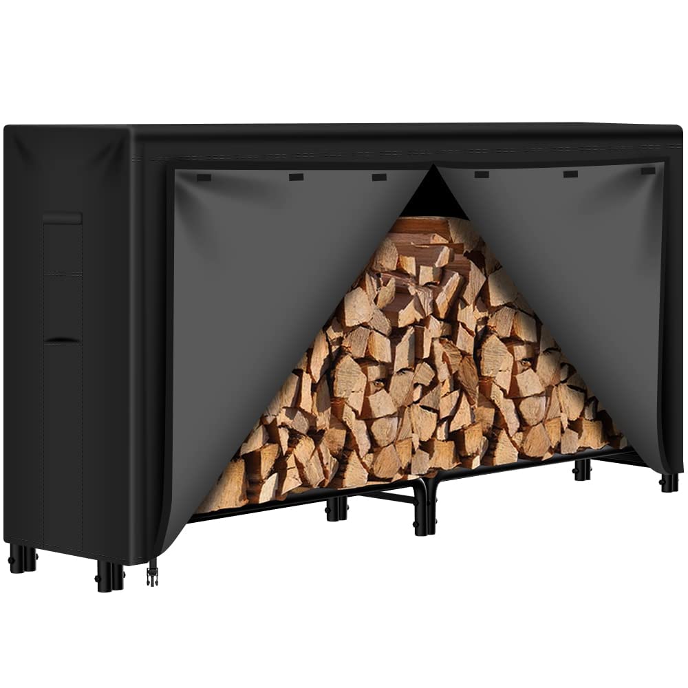 AMAGABELI GARDEN & HOME 8ft Firewood Log Rack Cover Weatherproof Outdoor Heavy Duty Waterproof 600D Oxford Fabric Fireplace Logs Holder Covering Fire Wood Storage Covers Black AMAGABELI GARDEN & HOME