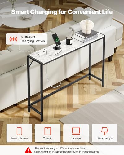 VEVOR Marble Console Table, Modern Narrow Long Console Table with Power Outlet, Thin Sofa Side Table with Iron Tubes, Anti-Tip Device and Triangular Support for Living Room, Hallway, Entryway, Foyer VEVOR
