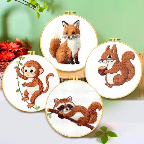Zhenqing 4 Forest Animal Cross Stitch Kit for Beginners, 11CT Printed White Cotton Fabric 20x20cm with Hoop, Fox, Monkey, Squirrel, Raccoon Designs, Complete Embroidery Supplies(70749)