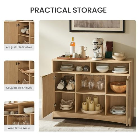 Amada Coffee Bar Cabinet with Wine Glass Rack, 47.2" Buffet Sideboard with Adjustable Shelves, Storage Cabinet for Kitchen,Entryway,Dining Room, Home Bar, Holds 200 lbs, Soft-Close Hinges,Natural Oak AMADA HOMEFURNISHING