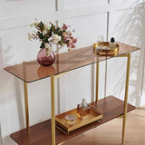 Pine Flicker Rectangle Glass Console Table, Mid-Century Modern Design, L41*W14*H32 inch, for Living Room, Amber Glass Top and Walnut Finish Wood Shelf, Conical Metal Legs with Gold Finish Pine Flicker