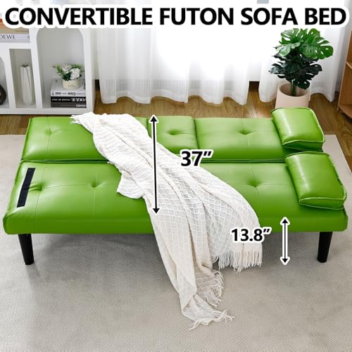 Klwenas Maec Green Futon Couch & Convertible Futon Sofa Bed for Small Space, 67" Loveseat Couches with Removable Armrests & 2 Cup Holders for Living Room Bedroom Dorm Apartment, Easy Assemble (Green) Klwenas Maec