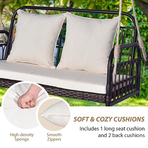 Tangkula Outdoor Wicker Porch Swing, 2-Person Hanging Seat with Seat & Back Cushions, Heavy-Duty Metal Frame & 2 Sturdy Hanging Ropes, Wicker Woven Swing Loveseat for Front Porch, Backyard (Off White) Tangkula