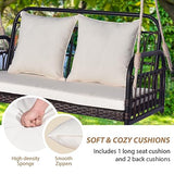 Tangkula Outdoor Wicker Porch Swing, 2-Person Hanging Seat with Seat & Back Cushions, Heavy-Duty Metal Frame & 2 Sturdy Hanging Ropes, Wicker Woven Swing Loveseat for Front Porch, Backyard (Off White) Tangkula