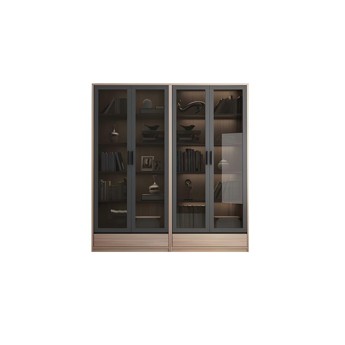 KWOKING Modern Wooden Bookcase with Glass Doors - 8 Shelves and 2 Drawer Storage Solution KWOKING