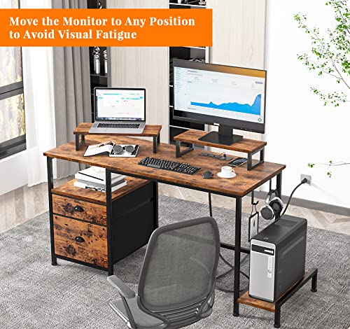 Furologee Computer Desk with Drawer and Power Outlets, 47" Office Desk with 2 Monitor Stands and Fabric File Cabinet, Writing Gaming Table with Shelves and 2 Hooks for Home Office, Rustic Brown Furologee