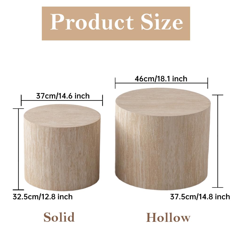 Round Nesting Coffee Table Set of 2 Modern Small Round Coffee Table Travertine Side Table Small Round End Table Circular Coffee Table Circle Nested Coffee Table for Living Room (Travertine) YYZIWYUN