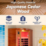 WOODBRIDGE Infrared Sauna Room 2 Person Japanese Cedar Indoor Corner Sauna with 7 Carbon Heaters, Red Light Therapy,Bluetooth Speaker,Intelligent Dual Control System,Tempered Glass,Exterior Brim Light WOODBRIDGE