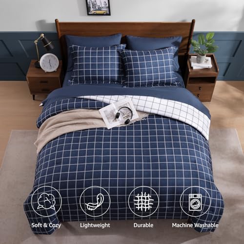 AMBERSPACE Plaid Twin XL Comforter Set Dark Blue, Reversible Checkered Bedding Set 5 Pieces for Boys Girls Teen, Lightweight Bed in a Bag for Dorm with Sheets, Pillowcase & Sham AMBERSPACE