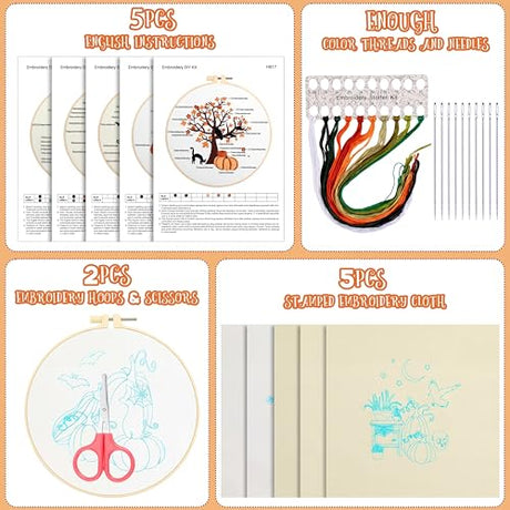 Yuxung 5 Sets Embroidery Kit for Beginners Adult Fall Thanksgiving Embroidery with Pumpkin Maple Leaf Pattern DIY Starter Needlepoint Kit with Embroidery Hoop Thread Needle for Halloween Craft Lover Yuxung