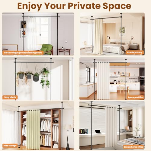 Bonpally Room Divider Curtain Rod, No Drilling Room Separator for Space Partition, 4-10ft (H) 28-70 inch(W) Adjustable Heavy Duty Temporary Wall Divider Floor to Ceiling Tension Rod, Black Bonpally
