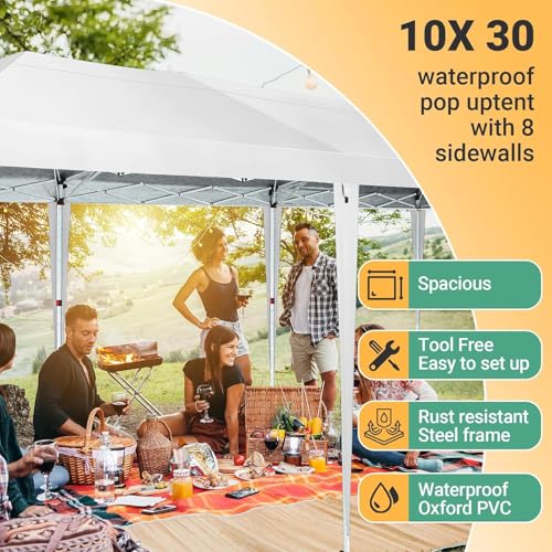 COBIZI 10x30 Pop Up Canopy Tent for Parties with 8 Sidewalls Waterproof Commercial Instant Canopy 10x30 Party Tent for Backyard, Wedding Portable Outdoor Gazebo with Carrybag&4 Sandbags(White COBIZI