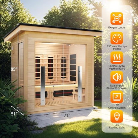 3-4 Person Hybrid Home Wood Sauna, Outdoor WiFi Control Traditional Hemlock Steam & Far Infrared Saunas Spa Room with Red Light Therapy, 11 Heaters& Electric Stove, Accessories Included, Leftdoor Smartmak