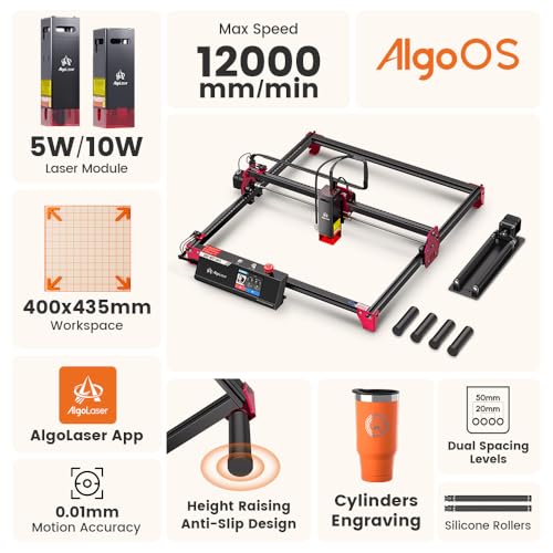 Algolaser 10W Laser Engraver Machine - Laser Engraver/Cutter with Rotary Roller & Laser Engraver Riser - Laser Engraving Machine with 3.5" Smart Touchscreen & AlgoOS,Laser Engraver for Wood & Metal AlgoLaser