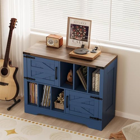 BouPower 39" Large Vinyl Record Player Stand with Vinyl Storage, Farmhouse Wood Turntable Record Player Stand with Storage Cabinet and 2 Barn Doors to 450 Albums for Living Room Bedroom, Navy Blue BouPower
