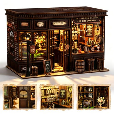 Corner Tavern Book Nook Kit, 3D Wooden Puzzle DIY Miniature House with Warm LED Light, Aesthetic Bookshelf Insert Decor for Adults & Teens
