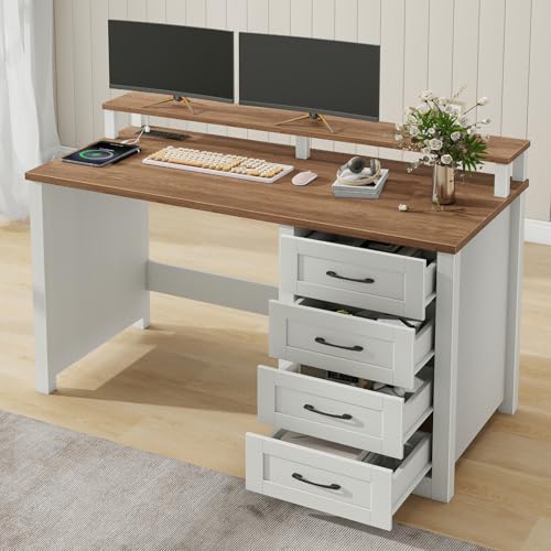 Vabches 47" Farmhouse Executive Desk with Monitor Stand and LED Lights,4 Drawers Computer Desk with Power Outlets,Large Workspace for Work Study Writing.Unique White Vabches