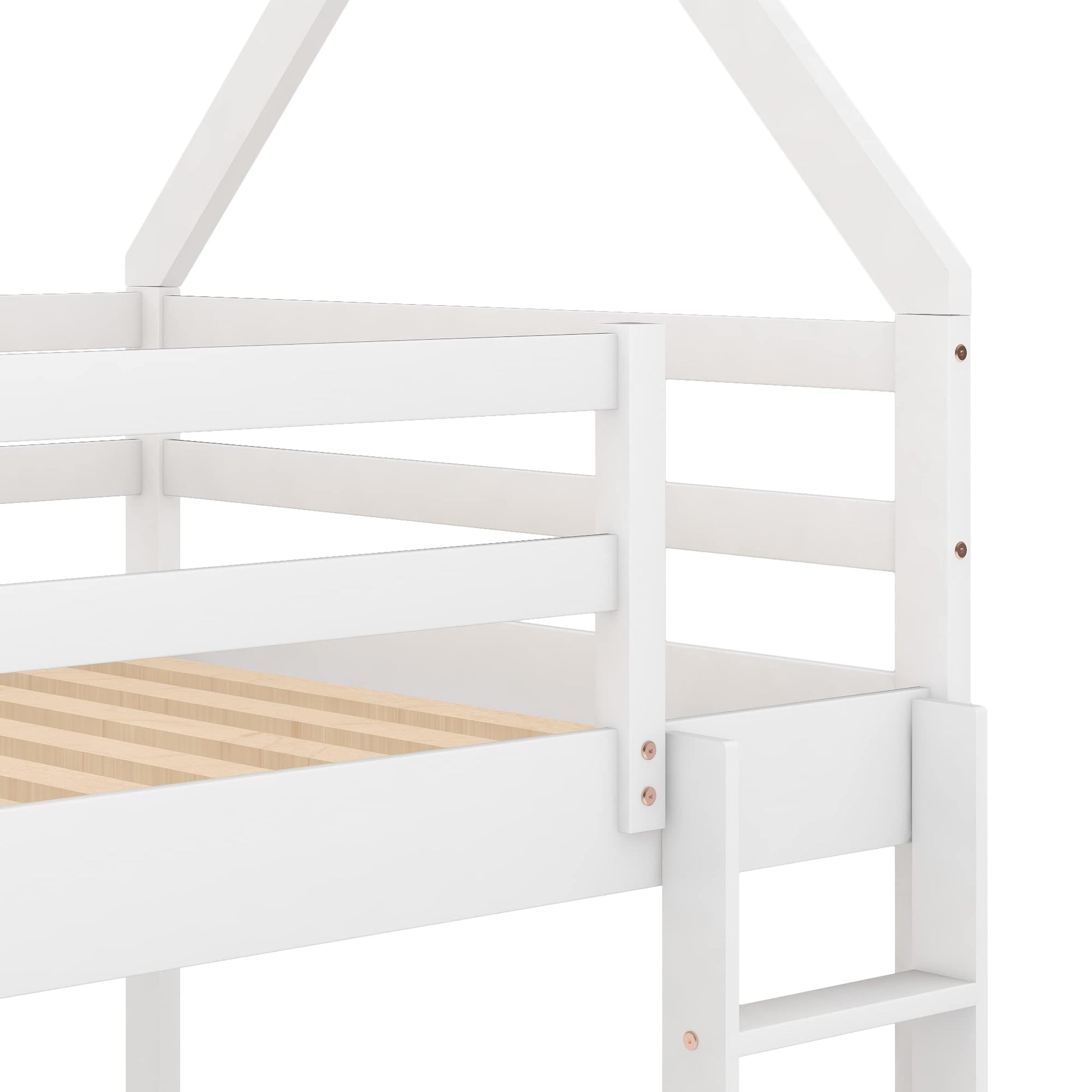 LOSTCAT House-Shaped Twin Over Twin Low Bunk Bed Frame in White – Solid Pine Wood with Safety Guardrail & Ladder - WoodArtSupply